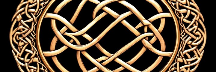 Intricate Celtic knot design, gold metallic texture, infinity symbol motif, ornate jewelry details, symmetrical pattern, black background, intertwined curves, ancient artistry, high contrast, macro ph