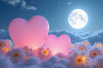 A serene Valentine's Day scene features two pink hearts amidst a field of white flowers, set against a blue sky with a full moon and fluffy clouds, in a whimsical and dreamy style.