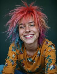 Fototapeta premium Joyful person with vibrant, colorful hair smiling against a dark background.
