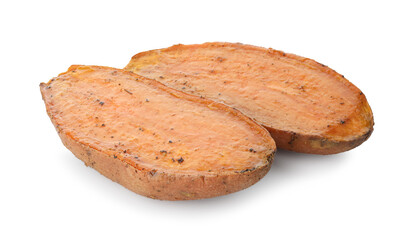 Halves of tasty cooked sweet potato isolated on white