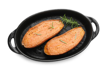 Halves of tasty cooked sweet potato with rosemary in baking dish isolated on white, top view