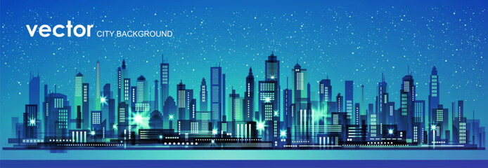 A vibrant and detailed vector illustration depicting a modern city skyline against a starry night sky, capturing urban energy and the essence of metropolitan life.