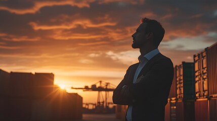 Fototapeta premium Silhouette of a businessman standing in front of containers, a warehouse, and a cargo ship at sunset