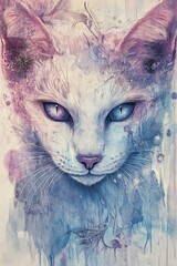 A mystical cat gazes intensely amidst soft watercolor swirls and dreamy hues capturing the essence of feline grace and beauty