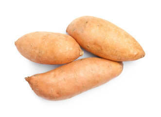 Fresh raw sweet potatoes isolated on white, top view
