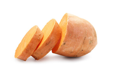 Cut raw sweet potato isolated on white