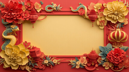 Traditional Chinese papercut featuring lanterns, flowers, and entwined snakes in vibrant red, gold, and green. Frame with space for text
