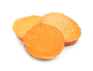 Pieces of raw sweet potato isolated on white