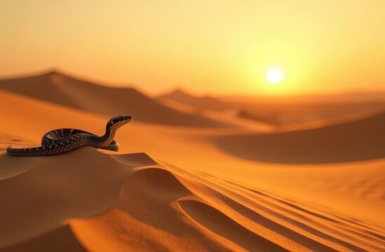 Serene sunset over desert dunes with snake silhouette in golden light