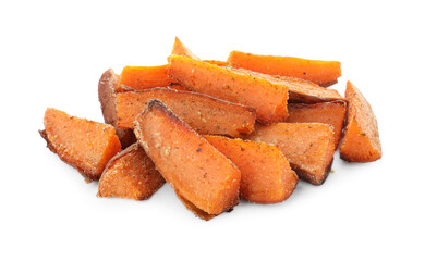 Pieces of tasty baked sweet potato isolated on white