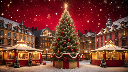 Obraz premium Illuminated Christmas market with decorated tree and festive atmosphere in winter setting