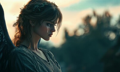 A winged woman cries with a flower crown.