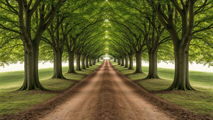 Fototapeta premium Symmetrical tree-lined pathway under a lush green canopy