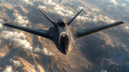 A stealth fighter jet flies over a mountainous landscape.