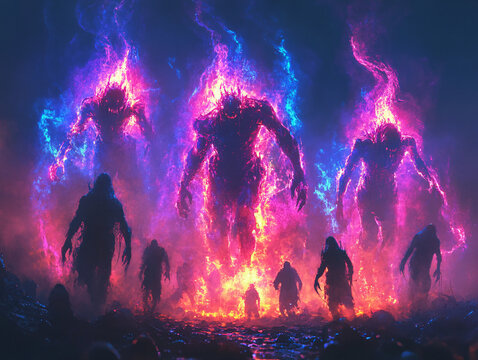 a group of ghost dance, their skin glowing with a fiery hue, emerging from a fiery portal into a dark, foreboding landscape.