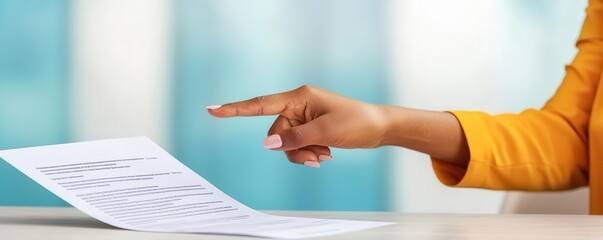 Focused shot of a recruiter s finger pointing at a specific qualification on a resume, detailed scrutiny, hiring, candidate evaluation