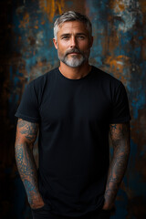 black t-shirt mockup, male model wearing a plain black T-shirt with tattooed arms, standing against a textured background. Minimalist style with focus on clothing and tattoos