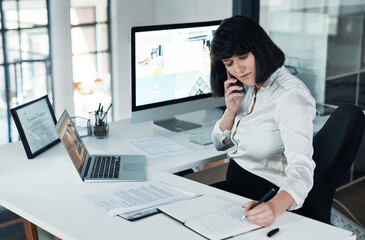 Phone, call and pregnant woman in office writing notes, planning schedule and research at design...