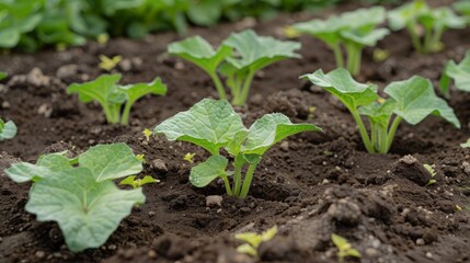 Close-up view of vibrant green seedlings emerging from rich dark soil in a cultivated field. The young plants are flourishing in a well-maintained garden.