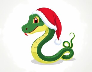 Fototapeta premium A cheerful green snake wearing a Santa hat celebrates 2025 New Year