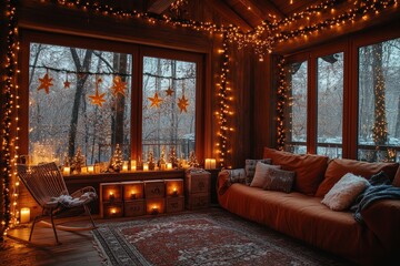 Fototapeta premium Cozy rustic living room adorned with Christmas decorations and fairy lights, creating a warm ambiance for New Year's Eve celebration.
