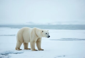 Polar bear walking on icy terrain, white isolate background.