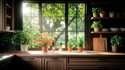 Cozy kitchen interior with sunlight streaming through a window, illuminating various potted plants on a wooden counter.