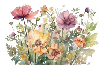 Watercolor vector background with flowers . Botanical illustration. Wild bouquet.