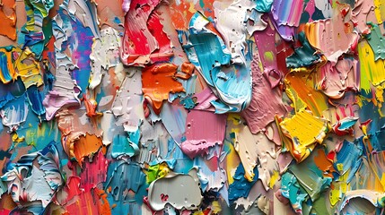 Close-up of multicolored abstract strokes with thick layers of paint, blending and creating texture and depth, 