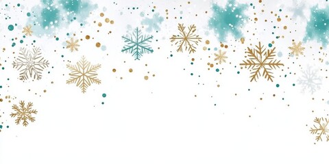 A beautiful winter scene with golden snowflakes falling against a blue sky. The illustration shows tiny ice crystals swirling in the air, creating a snowy blizzard.