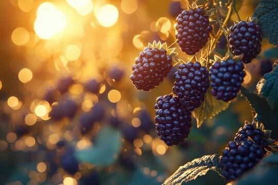 Ripe Blackberries on a Branch in Golden Sunlight