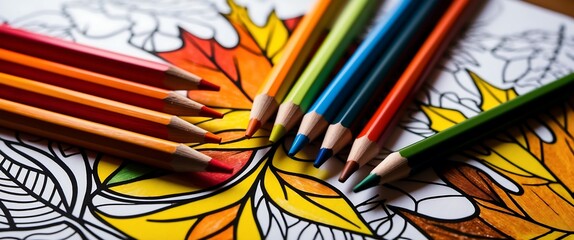 Kolorowe kredki na jesiennej kolorowance