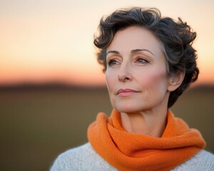 Warm sunset light on a contemplative middleaged woman outdoors, peaceful imagery reflecting inner transformation