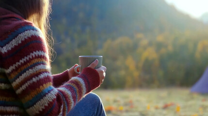 An adult couple sits in nature, wearing cozy sweaters and enjoying a hot beverage together.