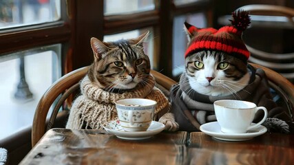 Two cats dressed in warm sweaters and a hat sit at a cafe table with coffee cups, creating a humorous, cozy scene of feline friendship.