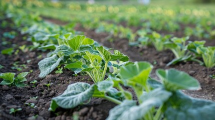 Obraz premium A close-up shot of a row of young plants in a garden, their leaves are a vibrant green, showcasing the beauty of nature's growth.