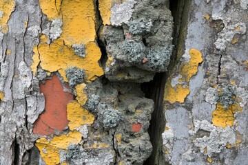 Close-up of a tree trunk with peeling paint, revealing a textured and colorful surface. The yellow,...