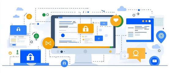 Explore Modern Office Security Enhancing Digital Protection with Flat Design Illustrations