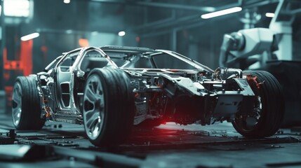 Naklejka premium Car manufacturing plant with robots assembling vehicle