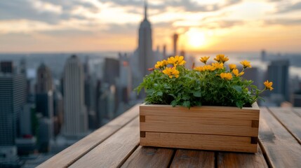 Naklejka premium Sunset view of city skyline with yellow flowers in a wooden box on a rooftop terrace. Vibrant urban nature contrast.