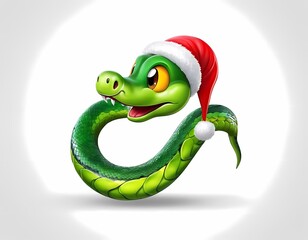 Fototapeta premium A cheerful green snake wearing a Santa hat celebrates 2025 New Year