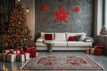 Modern living room featuring a grey wall, white sofa, and a beautifully decorated Christmas tree with red star lights and gift boxes on the floor.