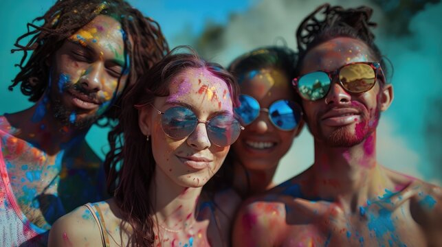 Multiethnic friends celebrating summer holi festival.