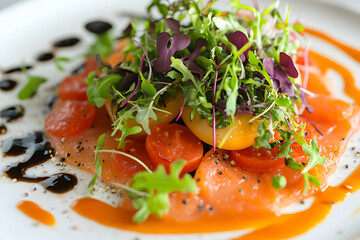 A vibrant plate of gourmet salmon salad featuring fresh salmon, cherry tomatoes, and a variety of microgreens, drizzled with a flavorful sauce.