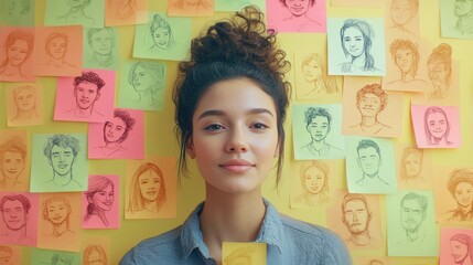 Sticky notes illustrating an inclusion concept, showcasing a symbol and drawings of diverse individuals to promote unity.