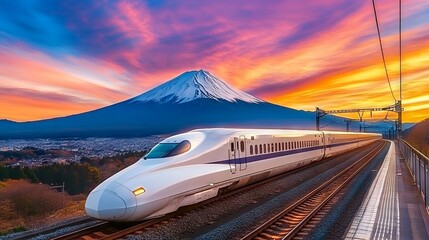 N700 Shinkansen Bullet Train with Mount Fuji at Sunset. AI generated illustration