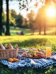 A vibrant picnic setup on green grass featuring a colorful salad, fresh bread, and a refreshing drink, illuminated by warm sunset light,
