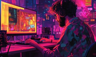 Fototapeta premium Man wearing headphones coding at a desk in a colorful