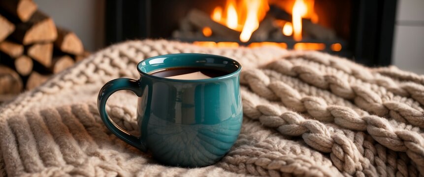 Kubek gorącego napoju przy kominku