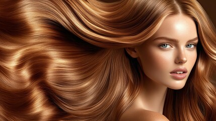Obraz premium Beautiful female face with powerful silky hair developing in the wind. Naturalistic portrait of a young girl with shade hair. Concept of natural female beauty. Illustration for cover, interior design.